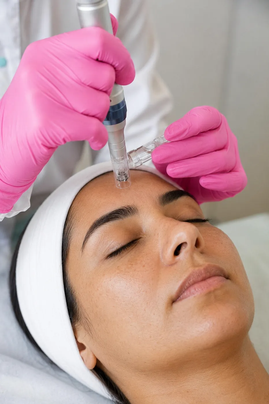 Licensed esthetician performing a microneedling treatment on a client's forehead at SI Glam Glow in Staten Island