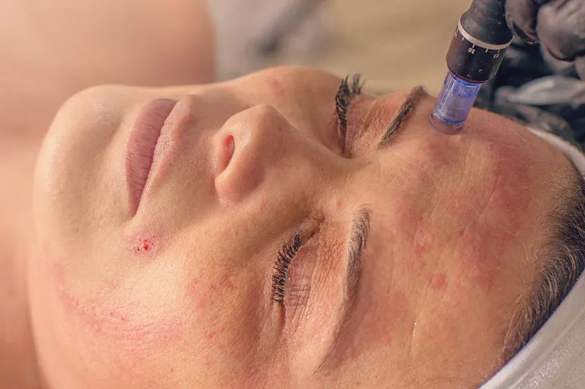 Close-up of a microneedling device being used on a client's face at SI Glam Glow in Staten Island