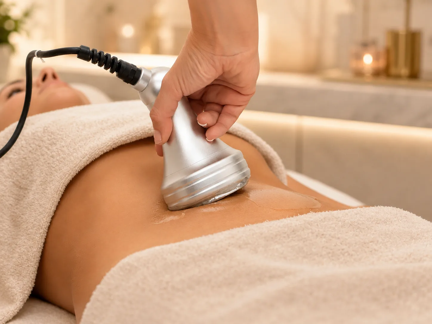 Radio frequency Ultrasonic Cavitation body contouring treatment on the abdomen at SI Glam Glow in Staten Island, New York