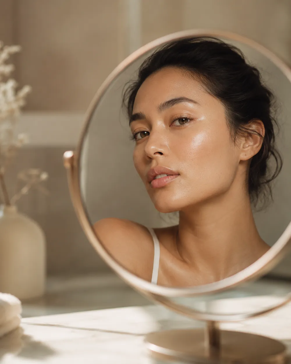 Client admiring hydrated, glowing skin after a Hydroderm Facial