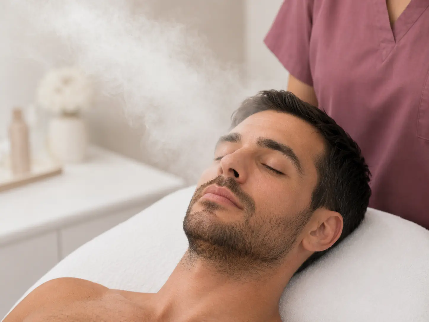 Man receiving a facial steam treatment from a licensed esthetician at SI Glam Glow in Staten Island