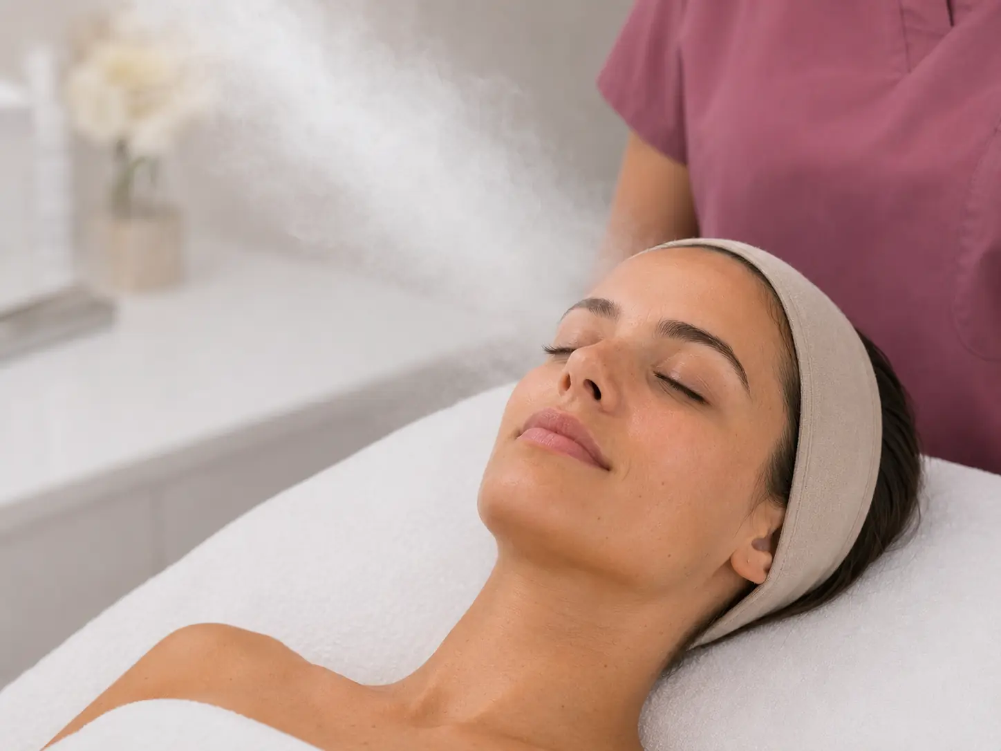 Woman relaxing during a facial steam treatment at SI Glam Glow, a Staten Island esthetics studio