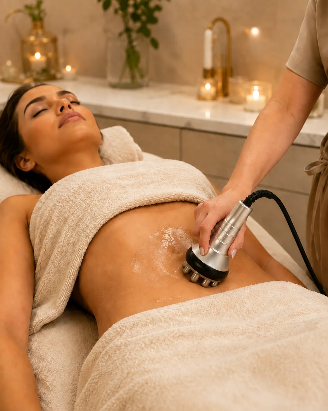 Ultrasonic Cavitation body contouring treatment on the abdomen at SI Glam Glow in Staten Island