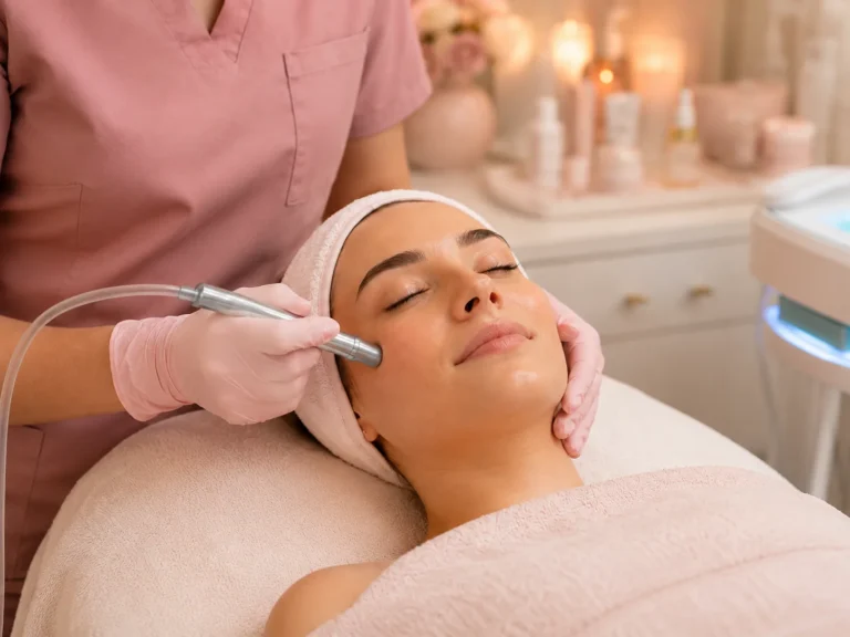 Esthetician performing targeted microdermabrasion on a client’s cheek for smoother, glowing skin