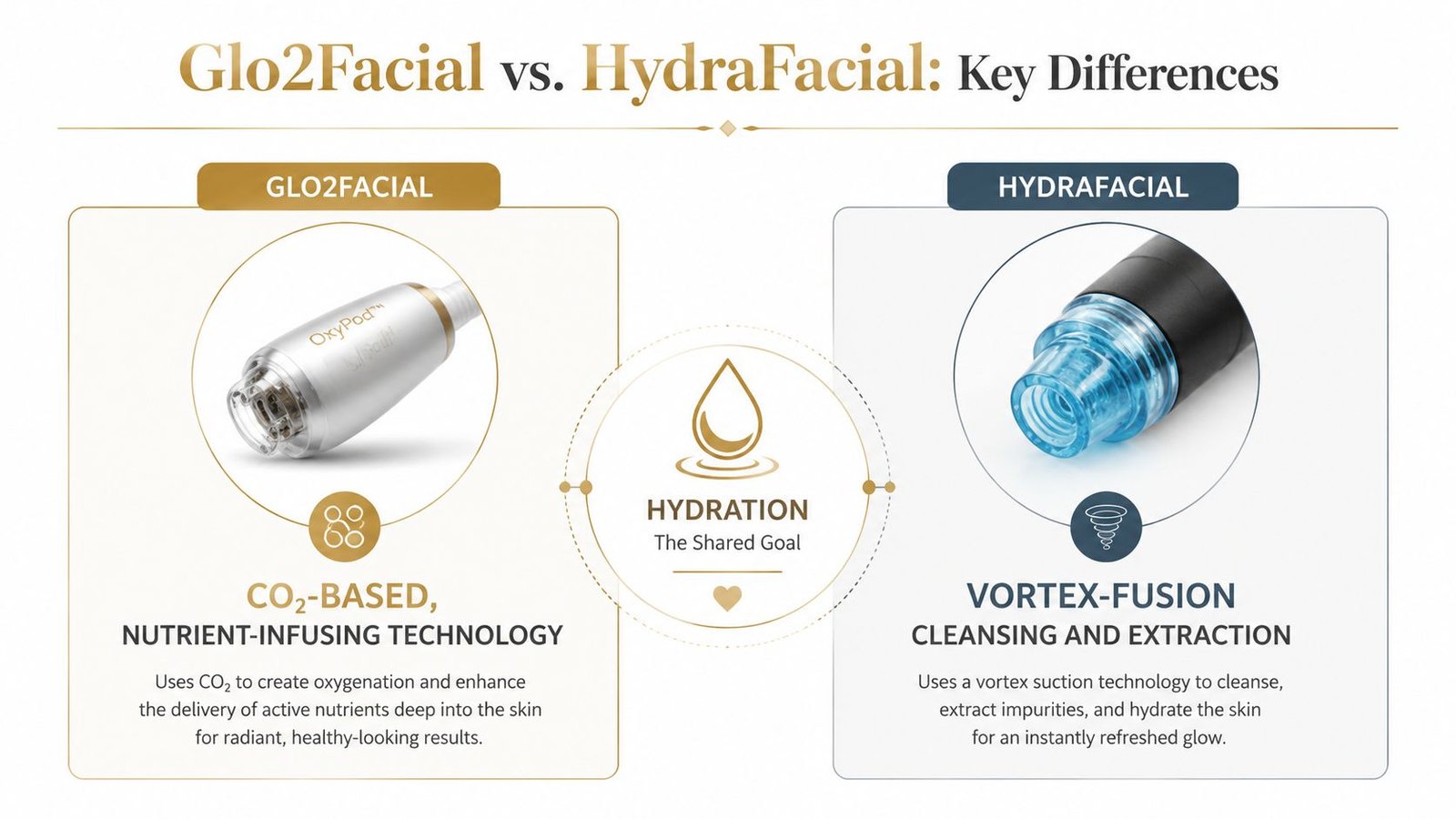 A comparative chart showing the key technological differences between Glo2Facial and HydraFacial skincare treatments.