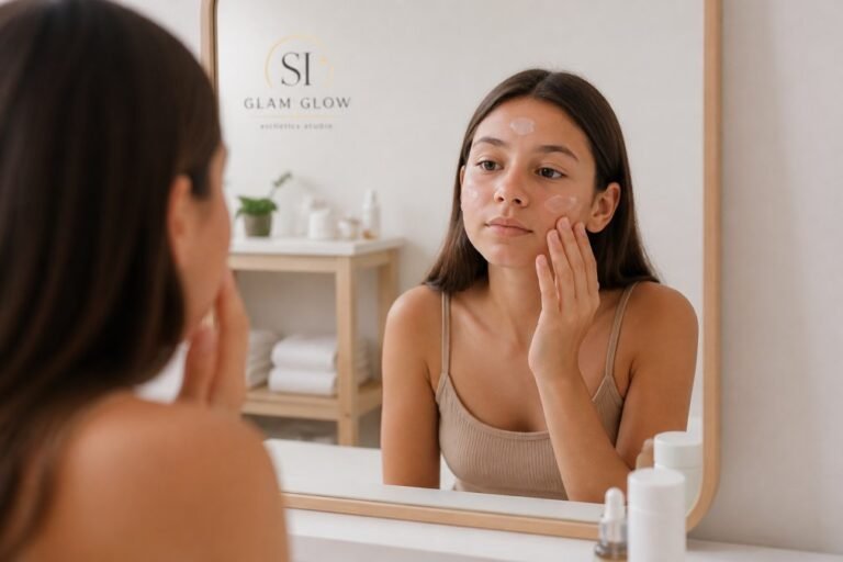 Teen girl examining acne-prone skin in a mirror before a facial treatment at SI Glam Glow in Staten Island.